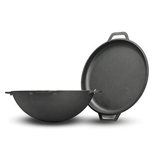 4BIG.fun Gusseisen Kazan 12 L Schwenktopf Kasan mit Deckel-Bratpfanne Wokpfanne Grill Cast Iron Campingtopf Kessel Asia Wok Traditioneller Gusstopf Grillwok von 4BIG.fun