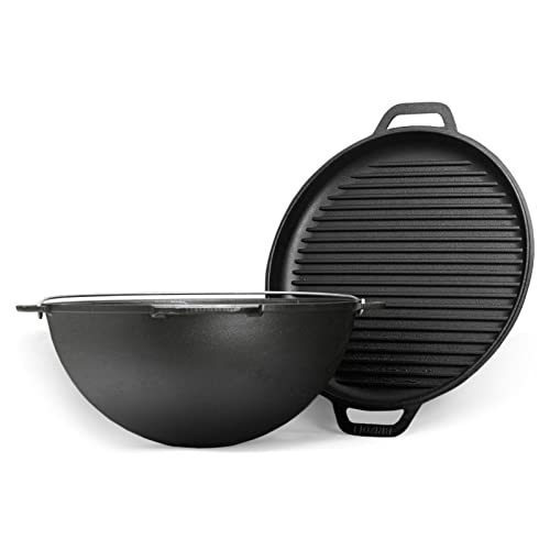 Schwenktopf 12L Kazan aus Gusseisen Kasan Asien Kessel mit Deckel-Grillpfanne Gusstopf Campingtopf mit Deckel - Bratpfanne Grill Dutch Oven Tatarskij Wok Outdoorküche Gulaschkanone Grillwok von 4BIG.fun