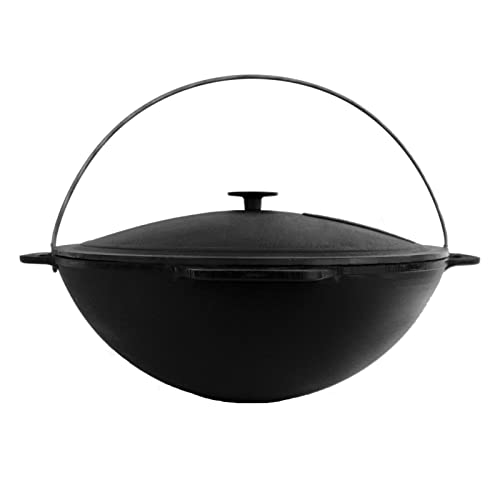 4BIG.fun Gusseisen Kazan 12 L Schwenktopf Kasan mit Deckel aus Gusseisen Wokpfanne Grill Cast Iron Campingtopf Kessel Asia Wok Traditioneller Gusstopf Grillwok von 4BIG.fun