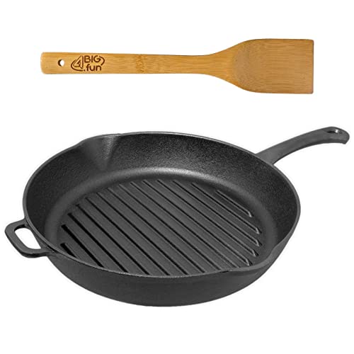 26 cm Grill-Bratpfanne rund mit Ausgießer aus Gusseisen mit abnehmbarem Griff und Pfannenwender Feuerpfanne Grillpfanne Steakpfanne 26 cm Grill-Bratpfanne rund mit Ausgießer aus Gusseisen mit abnehmbarem Griff und Pfannenwender Feuerpfanne Grillpfanne Steakpfanne von 4BIG.fun