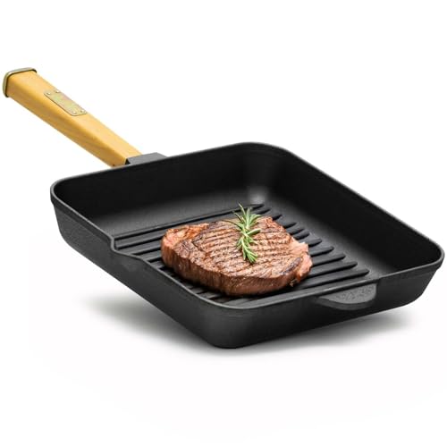 4BIG.fun 26cm Steakpfanne aus Gusseisen mit Holzgriff Grillpfanne Pfanne geeignet für Gasgrill Backofen Feuerstelle Induktion von 4BIG.fun