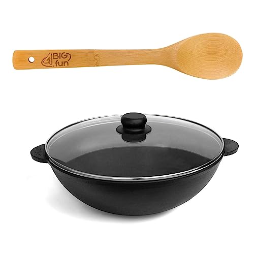 4BIG.fun Gusseisen Wok 28 cm Wok-Bratpfanne 3,7 L aus Gusseisen Wokpfanne mit Glasdeckel und Kochlöffel Gusspfanne Asia Grill Wok Schmortopf Induktion Pfanne Gusswok Gusseisenpfanne Grillpfanne von 4BIG.fun