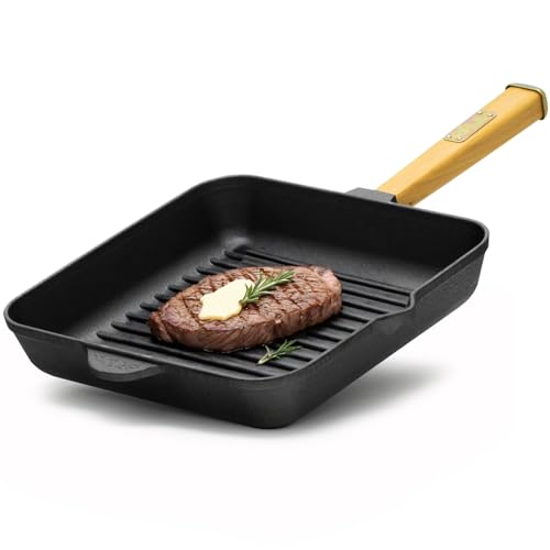 4BIG.fun Grillpfanne 28 cm mit Holzgriff | Steakpfanne aus Gusseisen | Pfanne geeignet für Gasgrill, Backofen, Feuerstelle, alle Herdarten inkl. Induktion von 4BIG.fun