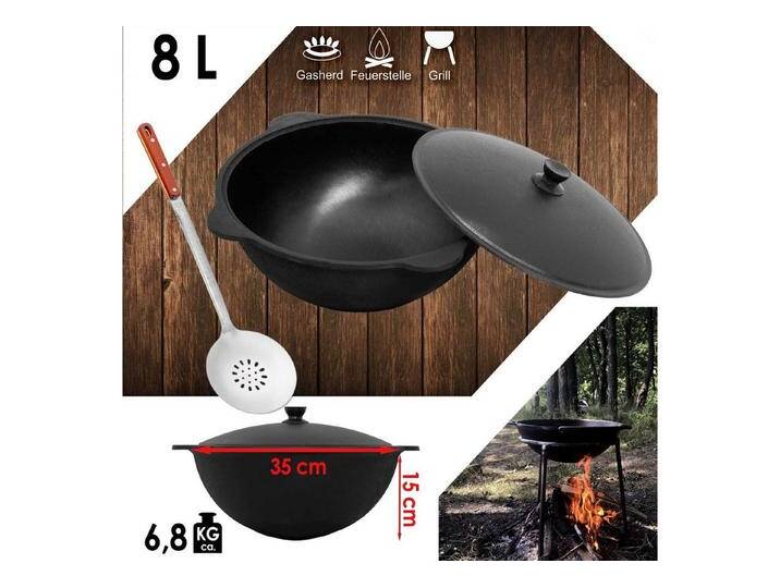 4BIG.fun Grilltopf Gusseisen Kasan 8L Alu WOK Kessel Schaumkelle BBQ, Gusseisen (Gusseisener Kasan mit Deckel), schwarz von 4BIG.fun