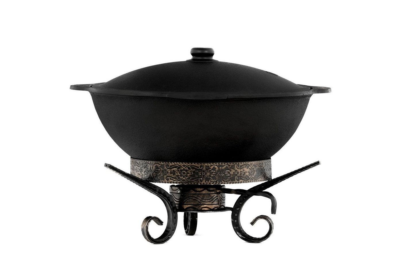 4BIG.fun Grilltopf Wok Gusseisen 12 L Aluminiumdeckel Untergestell, Gusseisen (Traditioneller Gusseisen Kochtopf / Kazan mit Untergestell-Wärmebehälter) von 4BIG.fun