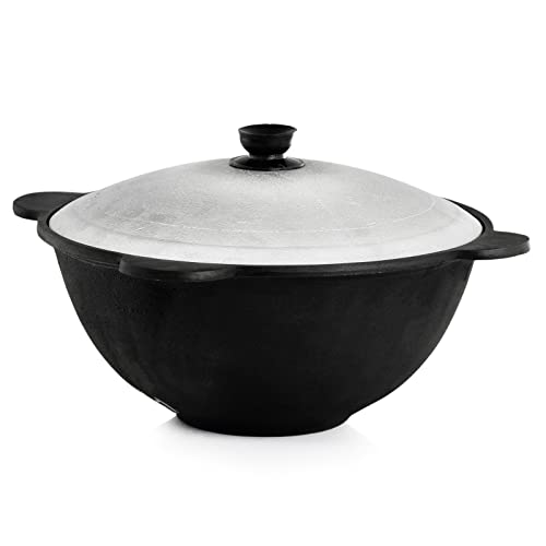 4BIG.fun Kazan aus Gusseisen 3,5 L mit Aluminium Deckel flacher Boden Usbek Schwenktopf NAMANGAN Kasan Uzbekisch Asia WOK Gusseisentopf Grillwok von 4BIG.fun