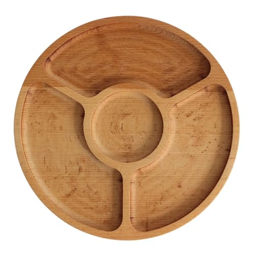 4BIG.fun Ø25cm Servierplatte aus natürlichem Holz mit 4 geteilten Fächern, Servierteller von Vorspeisen, Käse und Snacks, Holzplatte Cheeseboard für Fleisch und Käse, Käseplatte, Cheese Board von 4BIG.fun