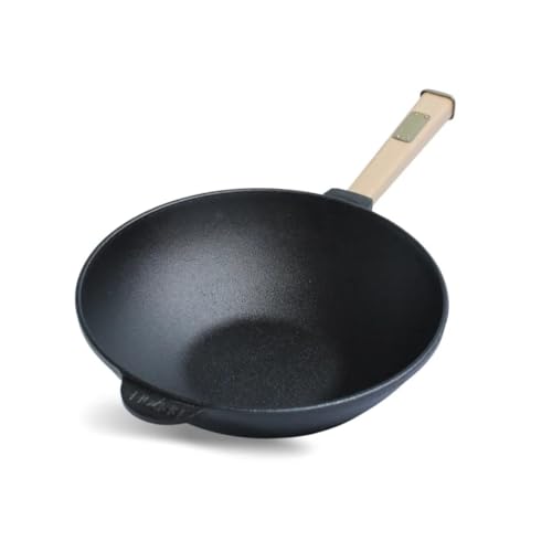 4BIG.fun Wok Bratpfanne 26 cm 2,8 L aus Gusseisen mit Holzgriff Outdoor Stielpfanne Camping Grillpfanne Kochgeschirr Cast Iron Wokpfanne Gusseisenpfanne Induktion von 4BIG.fun