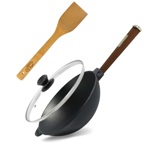 4BIG.fun Wok Bratpfanne Ø24 cm 2,2 L aus Gusseisen mit Holzgriff Glasdeckel Asia Wokpfanne Induktion Pfanne Pfannenwender von 4BIG.fun