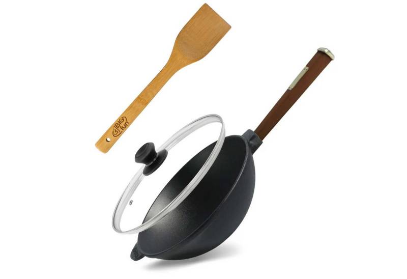 4BIG.fun Wok Wok Bratpfanne Ø24 cm 2,2 L aus Gusseisen, Gusseisen (mit Holzgriff Glasdeckel Asia Wokpfanne Induktion Pfannenwender), Holzgriff abschraubbar, Induktionsgeeignet von 4BIG.fun