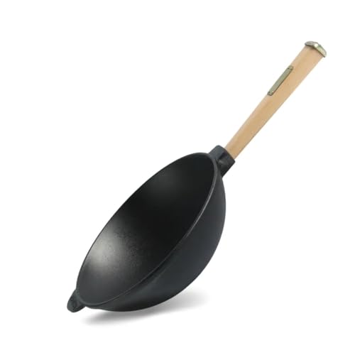 4BIG.fun Wokpfanne mit Holzgriff 24 cm aus Gusseisen Wok 2,2 L Outdoor Stielpfanne Camping Grillpfanne Kochgeschirr Cast Iron Wokpfanne Gusseisenpfanne Induktion von 4BIG.fun