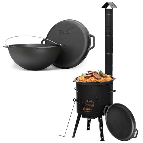 8L Kazan mit Ø36 Uchag Utschak mit Abzugsrohr Utschag 2mm stahl Kessel mit Deckel-Bratpfanne aus Gusseisen Kasan Feuerstelle Feldküche von 4BIG.fun