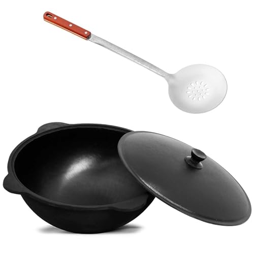 Wok Gusseisen 12 L (runder Boden) Kazan mit Schaumkelle NAMANGAN Uzbek Kasan Uzbekisch Asia WOK Cast Iron KESSEL Camping Usbek Schwenktopf Topf mit Aluminium Deckel Grillwok Gusstopf Wokpfanne von 4BIG.fun