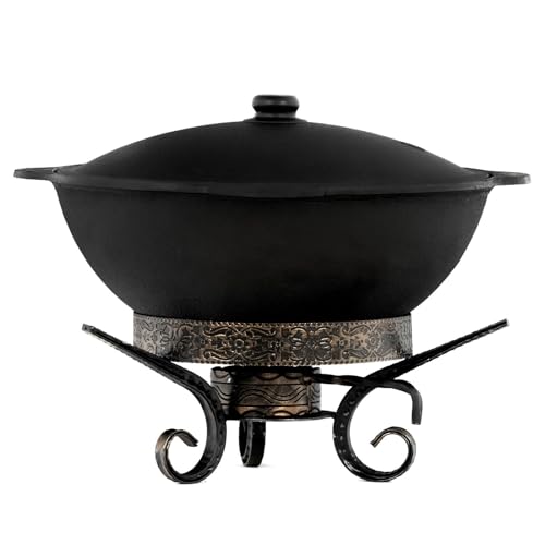 Kazan aus Gusseisen 10 L (runder Boden) mit Untergestell Wärmebehälter Kasan Uzbekisch Cast Iron KESSEL Uzbek Camping Usbek Schwenktopf Asia WOK Topf mit Aluminium Deckel Grillwok Gusstopf Wokpfanne von 4BIG.fun