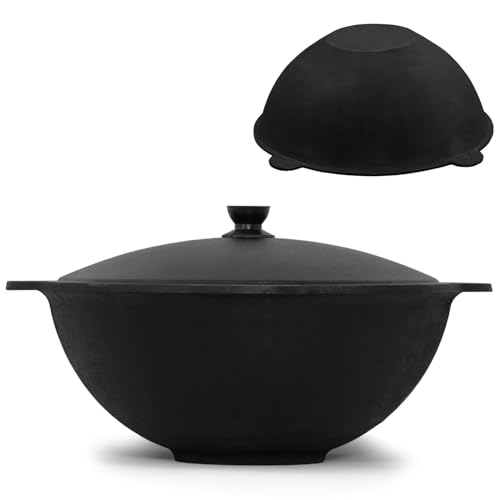 4BIG.fun Kazan aus Gusseisen 12 L mit Aluminium Deckel flacher Boden Usbek Schwenktopf NAMANGAN Kasan Uzbekisch Asia WOK Gusseisentopf Grillwok von 4BIG.fun