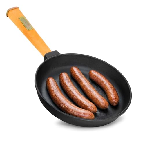 Ø20cm Pfanne aus Gusseisen mit Holzgriff abschraubbar 39mm hoch Gusseisenpfanne Bratpfanne Steakpfannen Cast Iron Pan Feuerpfanne geeignet für Gasgrill Backofen Feuerstelle alle Herdarten Induktion von 4BIG.fun