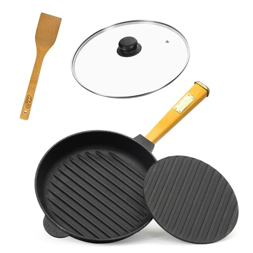Ø28cm Grillpfanne Gusseisen mit Pressdeckel Glasdeckel Pfannenwender Induktion Holzgriff Bratpfanne Pfanne Feuerpfanne Ø28cm Grillpfanne Gusseisen mit Pressdeckel Glasdeckel Pfannenwender Induktion Holzgriff Bratpfanne Pfanne Feuerpfanne von 4BIG.fun