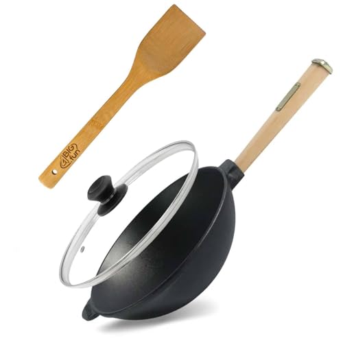 Wok Bratpfanne Ø26 cm 2,8 L aus Gusseisen mit Holzgriff Glasdeckel Asia Wokpfanne Induktion Pfanne Pfannenwender von 4BIG.fun