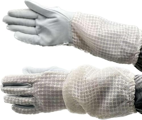 4BEE Imkerhandschuhe mit Belüftungsgewebe – Naturleder Innenfläche, lange Ärmel, atmungsaktiv & komfortabel – Farbe Weiß, Doppelgewebe für Imkerei, Größe S/7 von 4Bee