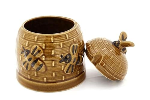 4Bee Pszczeli Sklep Honigtopf aus Keramik mit Bienen 15 cm – Brauner Honigbehälter mit Deckel in Bienenform - Stilvolle Küchendeko von 4Bee