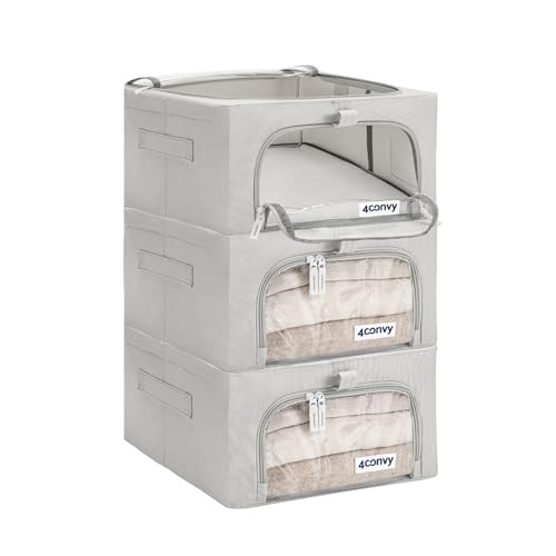 4CONVY feste faltbare Kleideraufbewahrung Box mit Metallrahmen, 2 transparente Fenster - [2024 VERBESSERTES MATERIAL] Aufbewahrungstasche für Bettdecken – stabile Aufbewahrungsbox für Kleidung - 3x24L von 4CONVY