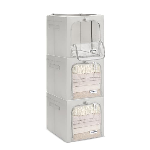 4CONVY feste faltbare Kleideraufbewahrung Box mit Metallrahmen, 2 transparente Fenster - [2024 VERBESSERTES MATERIAL] Aufbewahrungstasche für Bettdecken – stabile Aufbewahrungsbox für Kleidung - 3x40L von 4CONVY