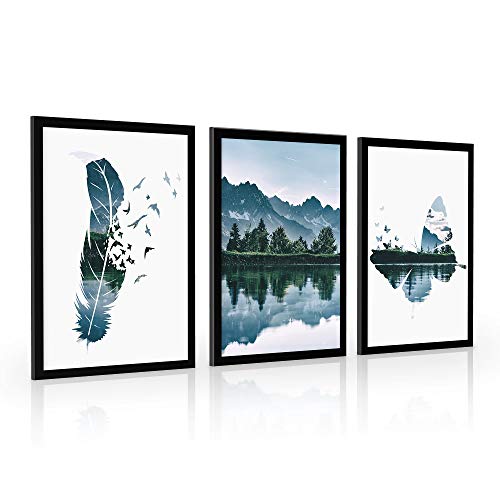 Estika Bilder set mit rahmen - Berglandschaft - Wählen größe (3x A2 oder 3x A3) und farbe des rahmens (4 Farben) - Moderne deko poster set, Wandbild wohnzimmer oder schlafzimmer von Estika