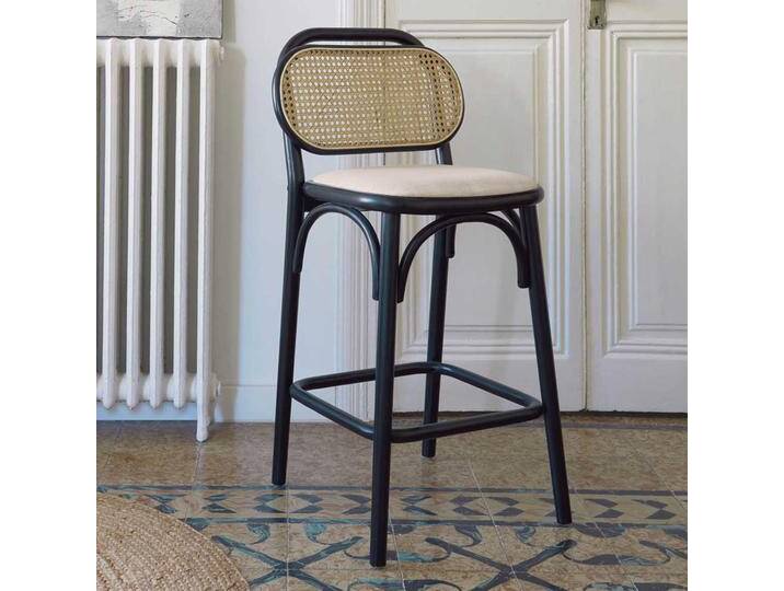 Bistro Stil Tresenstuhl in Schwarz und Beige Rattan und Ulme Massivholz (2er Set) von 4Home