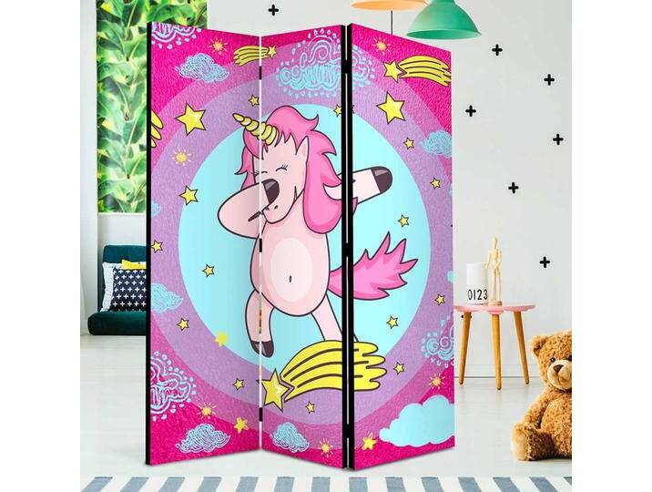 Einhorn Paravent Raumteiler in Pink und Bunt Leinwand Füllung von 4Home