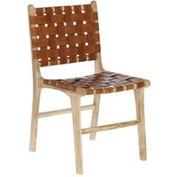 Esstischstuhl aus Teak Massivholz braunem Echtleder (2er Set) von 4Home