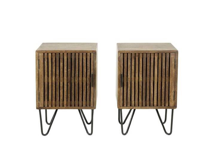 Feeling4Home Nachttisch 2er-Set Nachttisch Tamil - Mangoholz massiv Braun, 1 Tür, 2er-Set (links und rechts gespiegelt) in Lamellen-Design, braun von 4Home