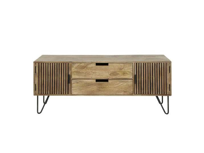Feeling4Home TV-Board TV-Board Tamil - Mangoholz massiv Braun, 2 Schubladen, 2 Türen, 135 cm, Reichlich Stauraum, Lamellen Design, braun von 4Home