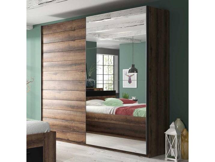 Gleittürenschrank mit Spiegel in Eiche dunkel Holzoptik 200 cm breit von 4Home