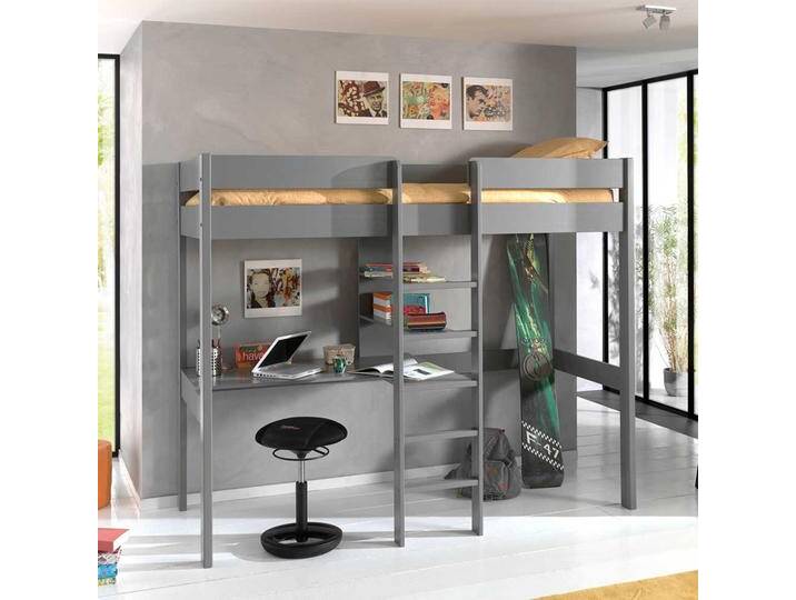 Graues Hochbett mit Massivholz Oberfläche Schreibtisch von 4Home