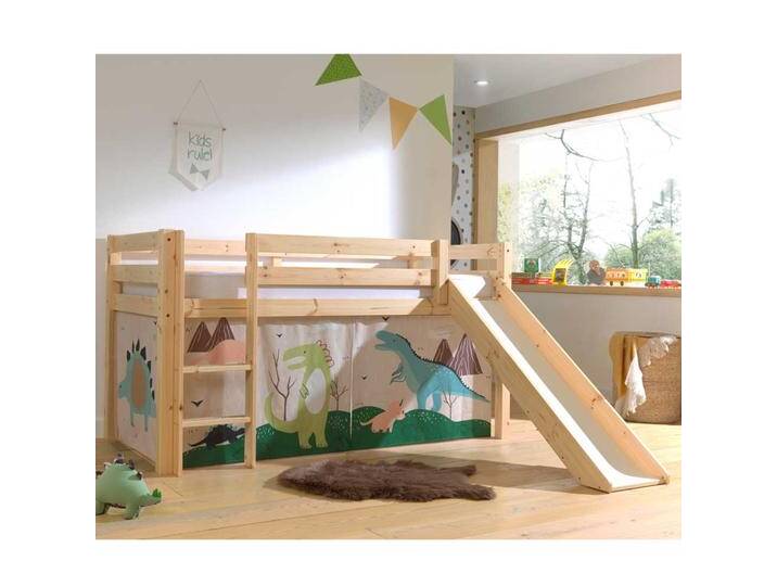 Halbhochbett Kinder mit Rutsche Vorhang Set Dino von 4Home