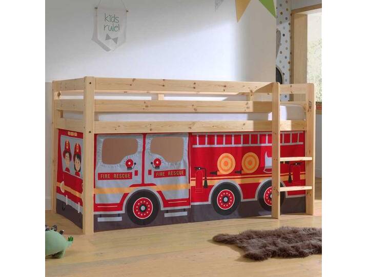 Halbhochbett mit Vorhang Set Feuerwehr Motiv Kiefer Massivholz von 4Home
