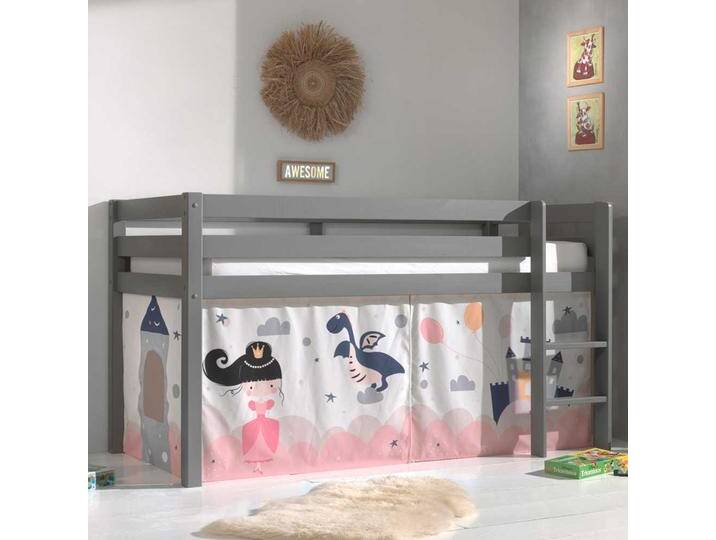 Halbhohes Kinderbett aus Kiefer Massivholz Grau mit Prinzessin Vorhang von 4Home