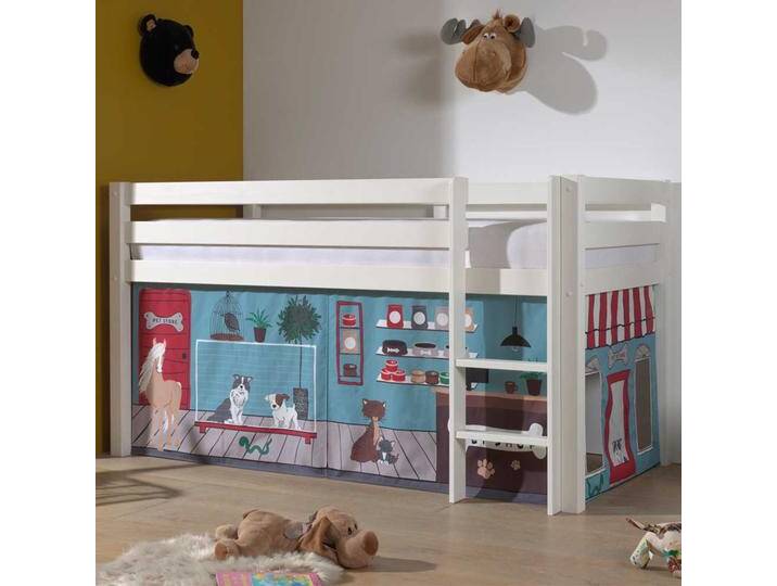 Halbhohes Kinderbett aus Kiefer Massivholz Vorhang Set Tiere von 4Home