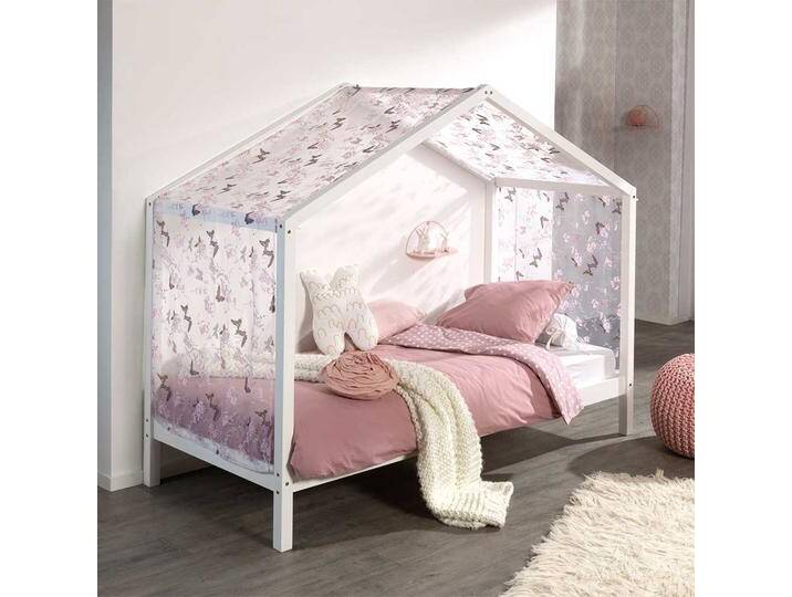 Haus Kinderbett in Weiß Kiefer massiv Vorhang von 4Home