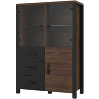 Highboard Vitrine in Walnussfarben und Schwarz drei Schubladen von 4Home