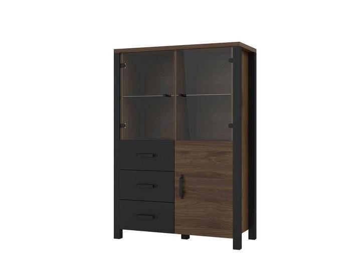 Highboard Vitrine in Walnussfarben und Schwarz drei Schubladen von 4Home