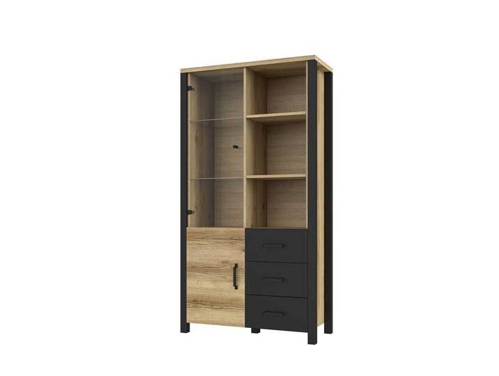 Industriestil Vitrine in Eichefarben und Schwarz Glastür von 4Home