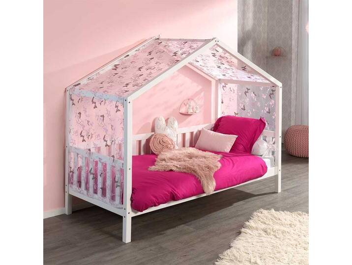 Kiefer Kinderbett in Haus Optik Vorhang von 4Home