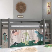 Kinder Hochbett aus Kiefer Massivholz Grau mit Dino Vorhang von 4Home