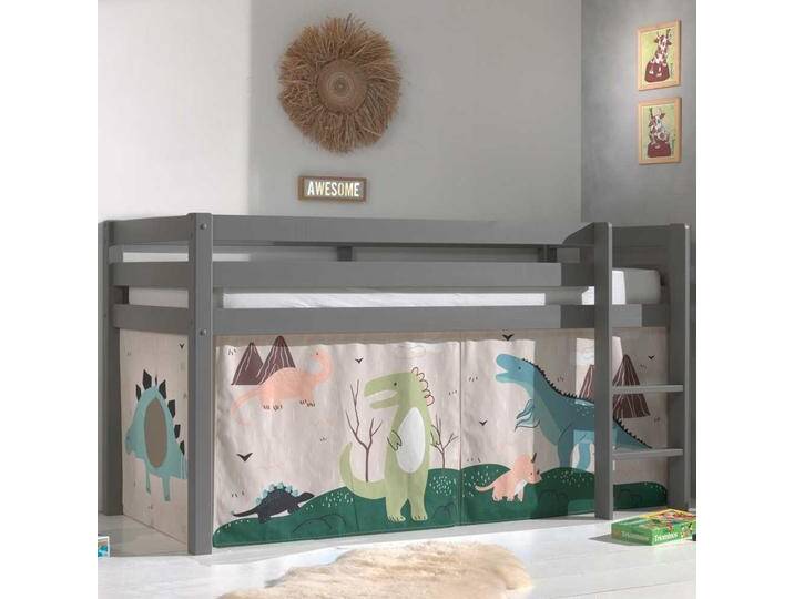 Kinder Hochbett aus Kiefer Massivholz Grau mit Dino Vorhang von 4Home