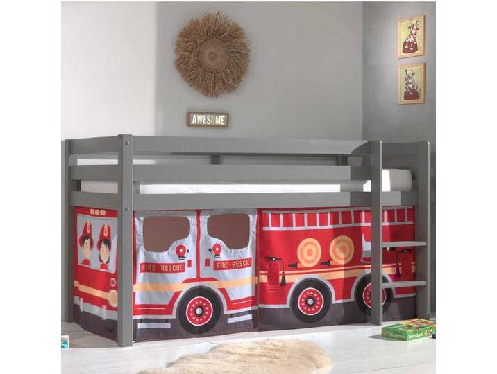 Kinder Hochbett aus Kiefer Massivholz Grau mit Feuerwehr Vorhang von 4Home