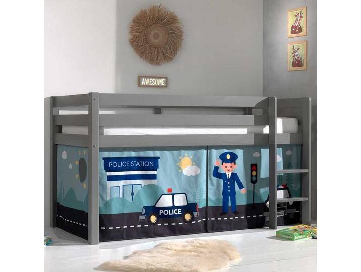 Kinder Hochbett aus Kiefer Massivholz Grau mit Leiter und Polizei Vorhang von 4Home