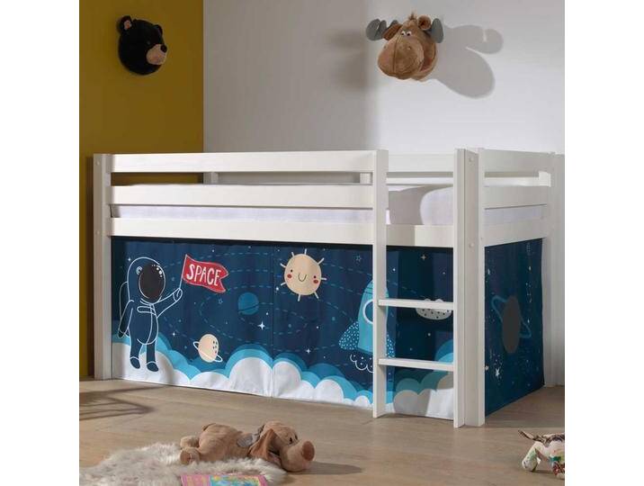 Kinder Hochbett aus Kiefer Massivholz Weiß lackiert mit Weltraum Vorhang von 4Home
