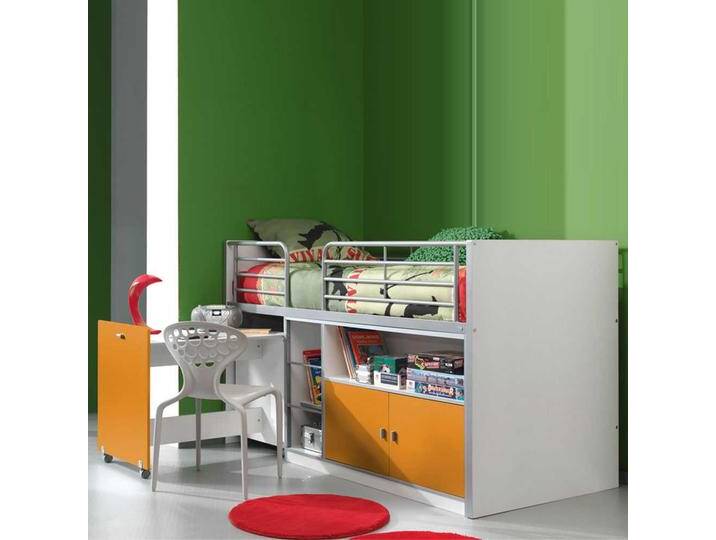 Kinder-Hochbett in Weiß-Gelb ausziehbarer Schreibtisch von 4Home