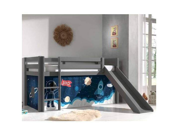 Kinderhochbett in Grau Vorhang mit Weltraum Motiv von 4Home